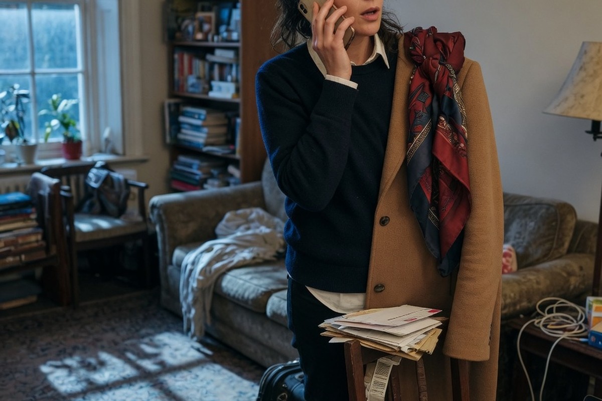 Femme au téléphone dans un salon lumineux avec manteau accroché