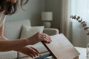 Femme fermant une boîte en bois dans une lumière douce