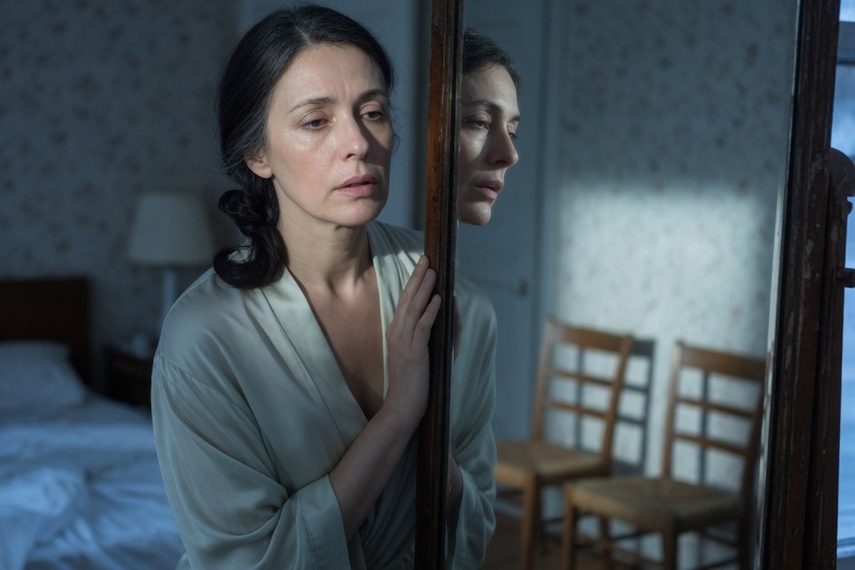 Femme devant miroir dans chambre éclairée par la lune