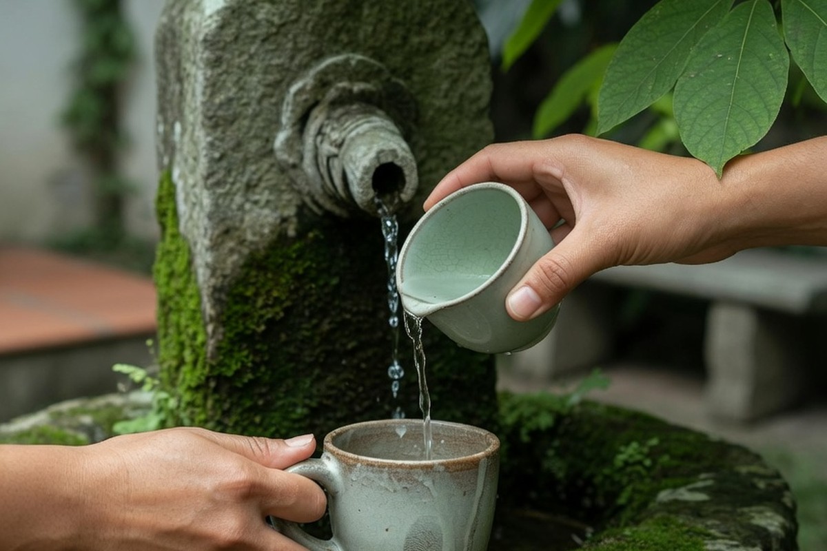 Mains versant de l'eau entre deux coupes près d'une fontaine