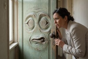 Femme observant un noeud de bois formant un visage sur une porte.