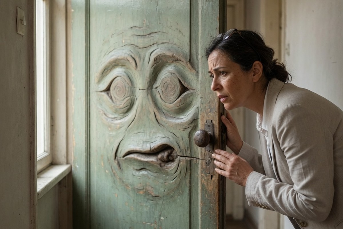 Femme observant un noeud de bois formant un visage sur une porte.