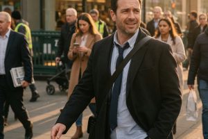 Homme au regard fixe et sourire hésitant sur trottoir ensoleillé