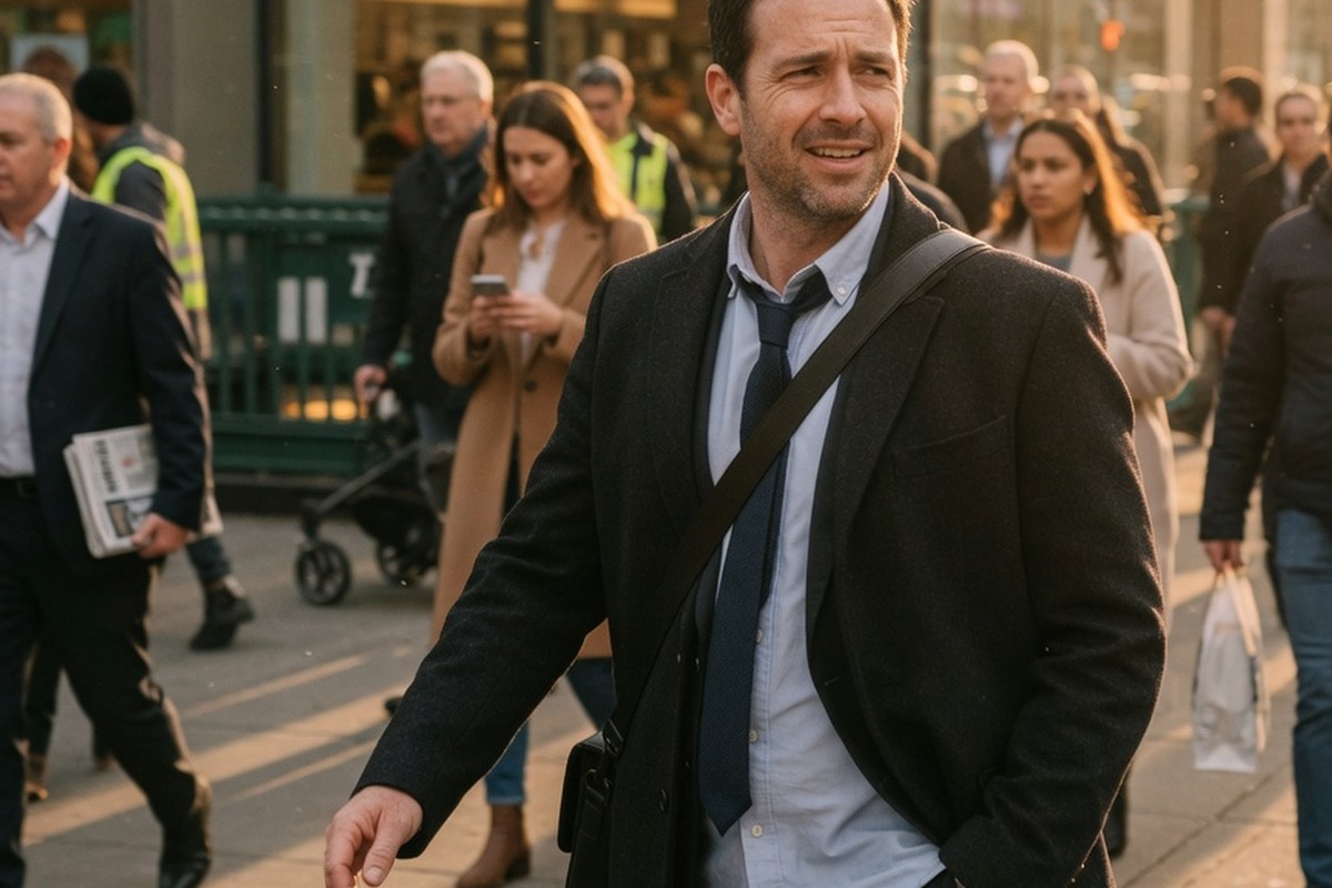 Homme au regard fixe et sourire hésitant sur trottoir ensoleillé