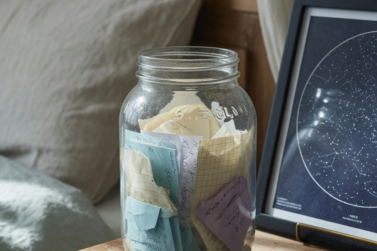 Bocal de notes pliées et carte céleste sur table de chevet au matin