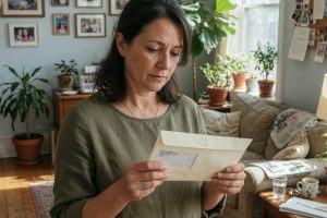 Femme tenant une enveloppe médicale dans un intérieur lumineux