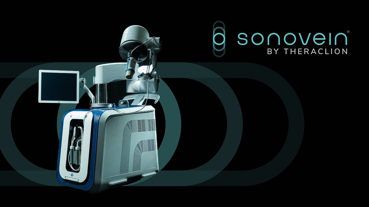 Appareil Sonovein de Theraclion : console, écran et tête d'ultrasons focalisés.