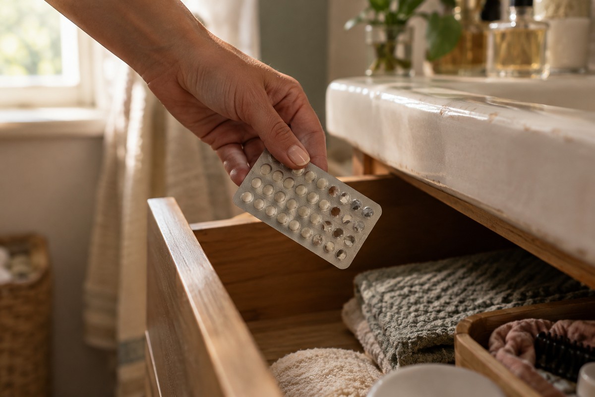 Main déposant une plaquette de pilule entamée dans un tiroir de salle de bain