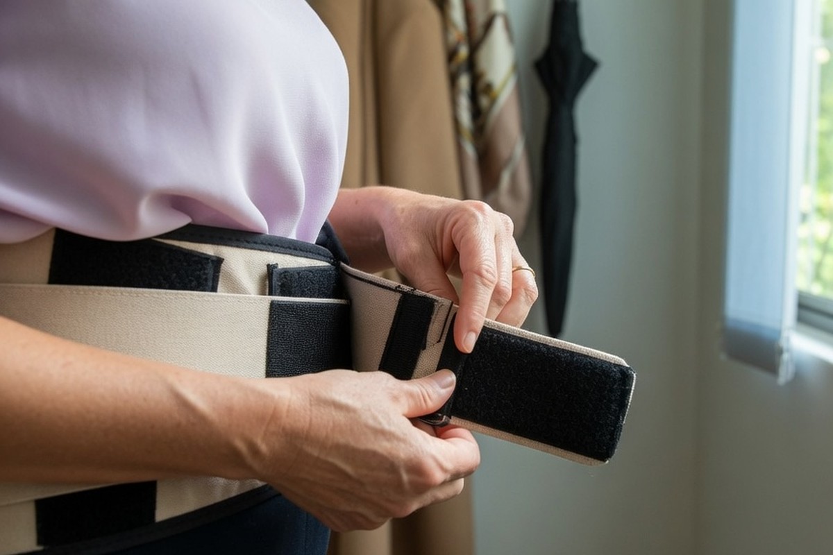 Mains ajustant une ceinture de soutien lombaire dans un couloir