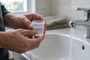 Mains d'un homme tenant un gobelet stérile translucide près d'un lavabo, lumière douce du matin