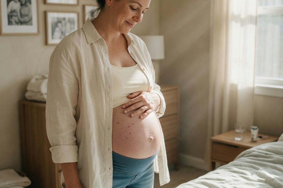 Femme enceinte dans une chambre lumineuse, main sur le ventre près d'une petite grenouillère.