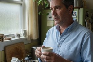 Homme de cinquante ans regardant un café refroidi dans une cuisine silencieuse
