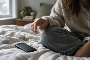 Femme hésitant avant d'envoyer un SMS, téléphone posé sur le lit